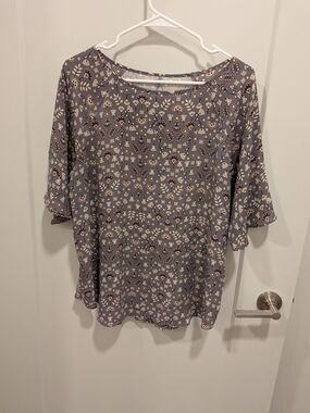 LOFT Gray Floral Peasant Blouse with Cream and Burgundy Accents